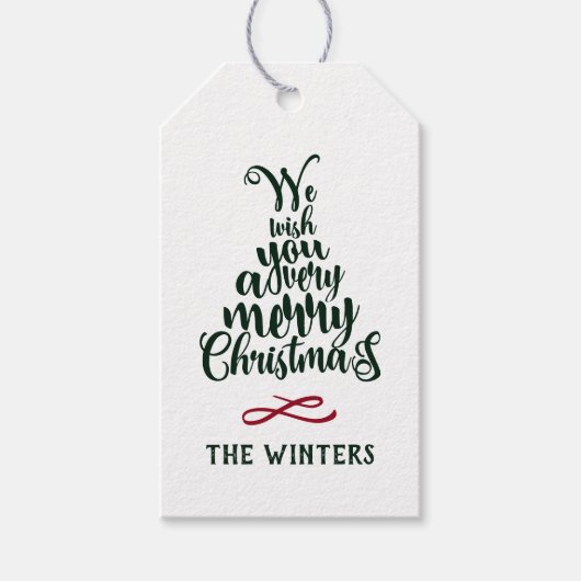 Groene & Witte Kerstboom Lettering Vakantie Cadeaulabel (Voorkant)