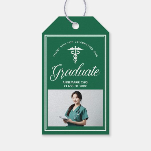 Groene witte medische school foto afstudeerfeest cadeaulabel (Voorkant)