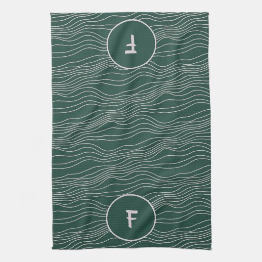Groene witte, met de hand getrokken golvende monog theedoek (Verticaal)