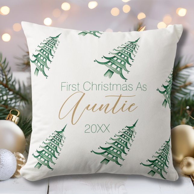 Groene witte pagode kerstboom eerste kerst kussen (Green White Pagoda Christmas Tree First Christmas Throw Pillow)
