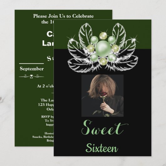 Groene & Witte Parel Diamanten Sweet 16 Kaart (Voorkant / Achterkant)