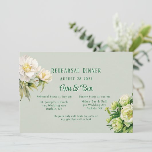 Groene Witte Pioen Repetitie Diner Uitnodiging (Staand voorkant)