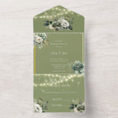 Groene witte pioenlicht bruiloft all in one uitnodiging (Binnen)