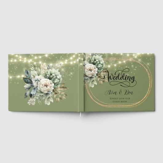 Groene witte pioenlicht bruiloft gastenboek (Volledig)