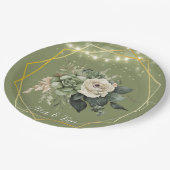 Groene witte pioenlicht bruiloft papieren bordje (Gekanteld)