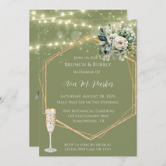 Groene witte pioenlicht brunch & bubble kaart (Voorkant / Achterkant)