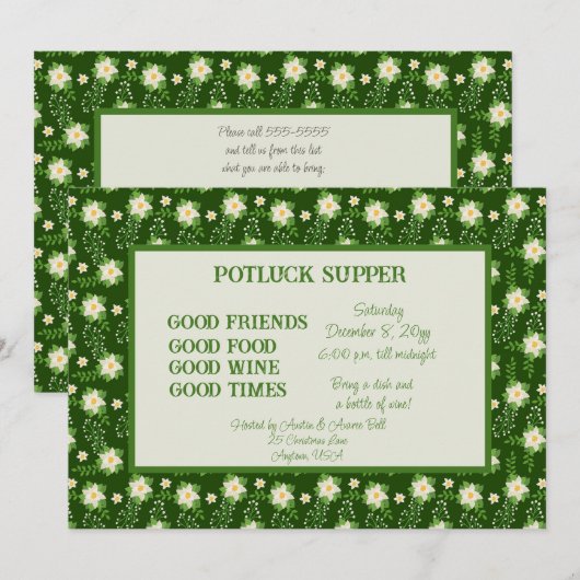Groene Witte Poinsettia Kerst POT LUCK Diner Kaart (Voorkant / Achterkant)