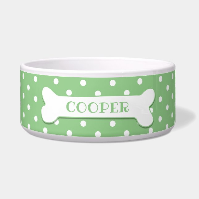 Groene witte poka Dots Dog Bone Pets Name Dog Voerbakje (Voorkant)