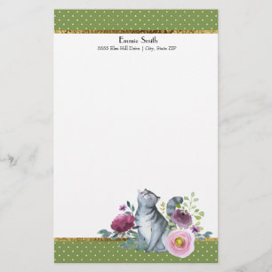 Groene witte poka Dots Gold Grey Cat Flowers Briefpapier