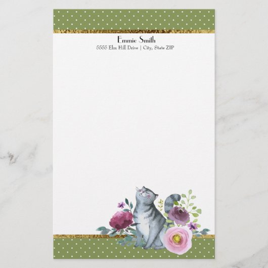 Groene witte poka Dots Gold Grey Cat Flowers Briefpapier (Voorkant)