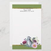 Groene witte poka Dots Gold Grey Cat Flowers Briefpapier (Voorkant / Achterkant)