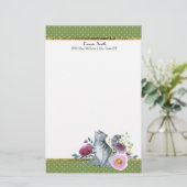 Groene witte poka Dots Gold Grey Cat Flowers Briefpapier (Staand voorkant)