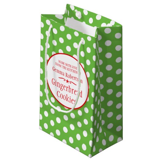 Groene witte polka koekje ruil cadeautassen klein cadeauzakje (Voorkant Gekanteld)
