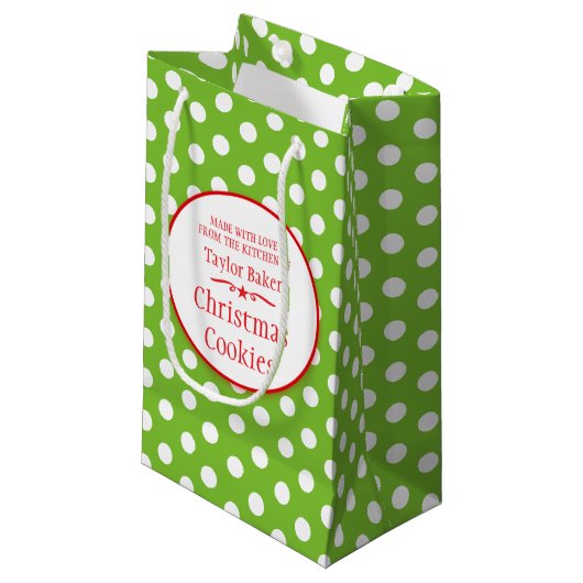 Groene witte polka koekje ruil cadeautassen klein cadeauzakje (Voorkant Gekanteld)