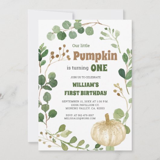 Groene Witte Pompoen Jongen Eerste Verjaardag Kaart (Voorkant)