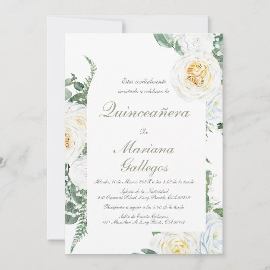 Groene witte roos Quinceanera Kaart (Voorkant)