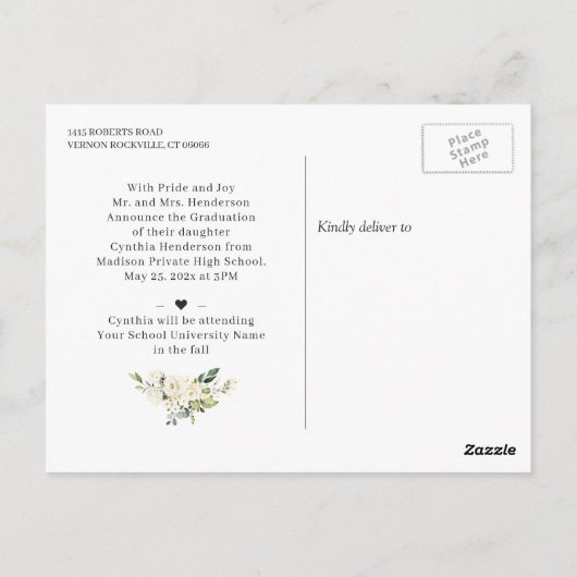 Groene witte rozen Bloemen Afstuderen Aankondiging Briefkaart (Achterkant)