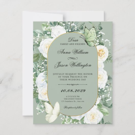Groene witte rozen bloemige bruiloft kaart (Voorkant)