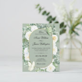Groene witte rozen bloemige bruiloft kaart (Staand voorkant)