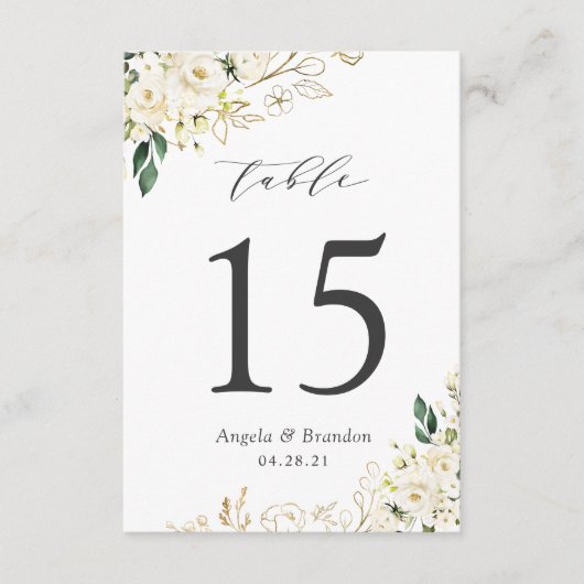 Groene witte rozen bloemstuk bruiloft tafel nummer RSVP kaartje (Voorkant)