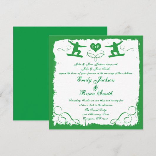 Groene witte snuitsneeuwboarder huwelijksuitnodigi kaart (Voorkant / Achterkant)