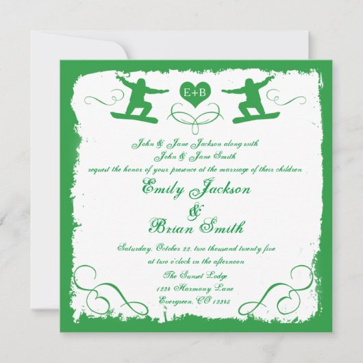 Groene witte snuitsneeuwboarder huwelijksuitnodigi kaart (Voorkant)