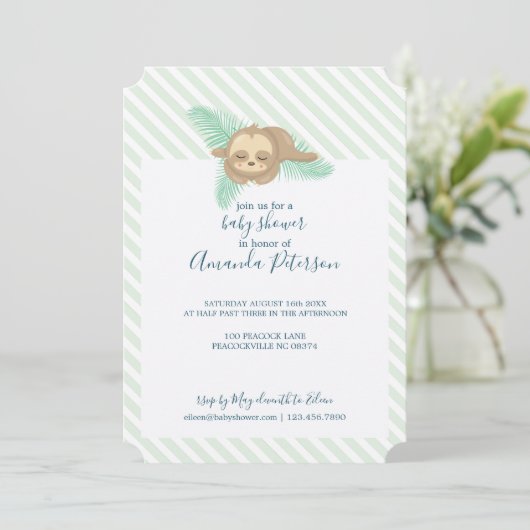 Groene & Witte Streep Baby Sloth Baby shower Kaart (Staand voorkant)
