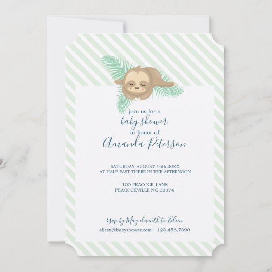 Groene & Witte Streep Baby Sloth Baby shower Kaart (Voorkant)