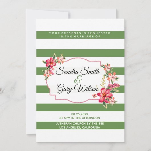 Groene witte strepen en kleurrijke boeket bruiloft kaart (Voorkant)