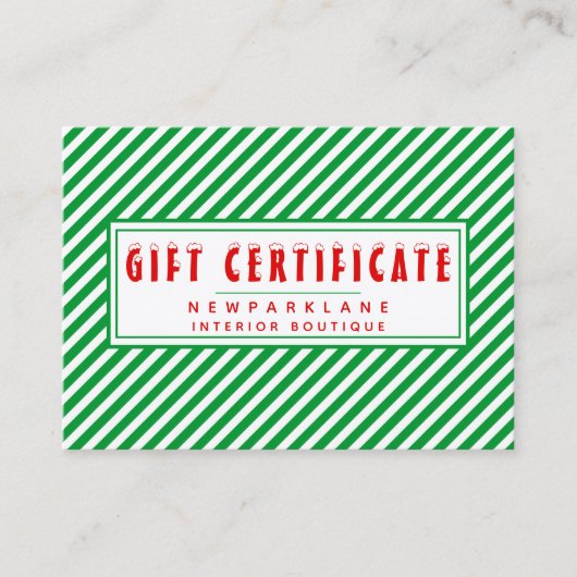 Groene & Witte Strepen Kerstmis Cadeaubon Visitekaartje (Voorkant)