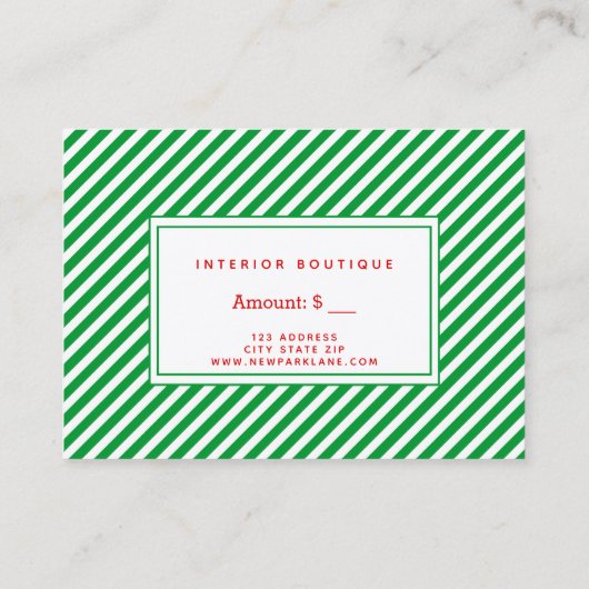Groene & Witte Strepen Kerstmis Cadeaubon Visitekaartje (Achterkant)