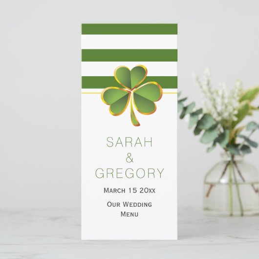 Groene witte strepen klaver Ierse bruiloft menukaa Menu (Staand voorkant)