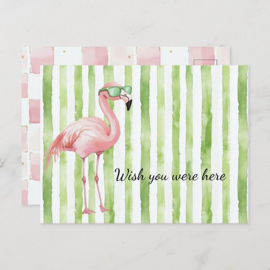 Groene Witte Strepen Roze Flamingo Beach Briefkaart (Voorkant / Achterkant)