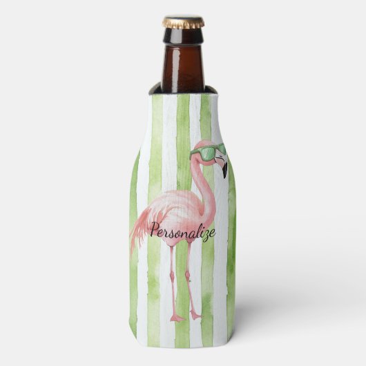 Groene Witte Strepen Roze Flamingo Beach Flesjeskoeler (Fles Voorkant)
