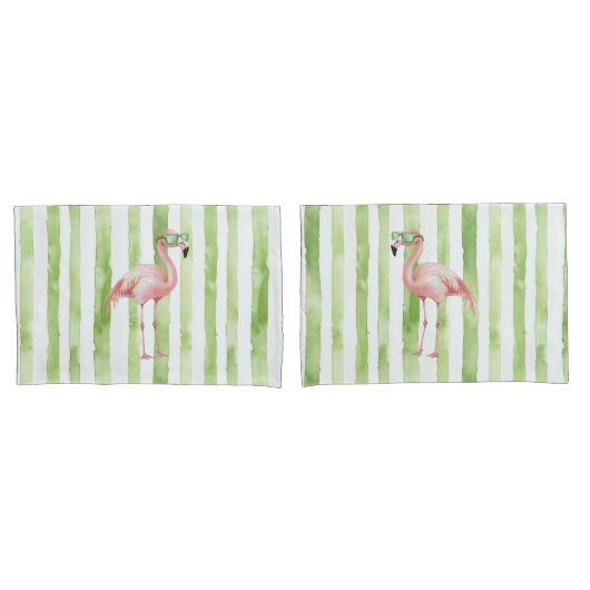 Groene Witte Strepen Roze Flamingo Beach Kussensloop (Voorkant-Set)