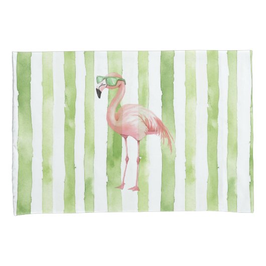 Groene Witte Strepen Roze Flamingo Beach Kussensloop (Voorkant-Rechts)