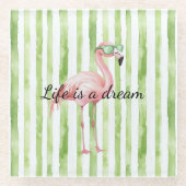 Groene witte strepen roze flamingo glazen onderzetter (Voorkant)