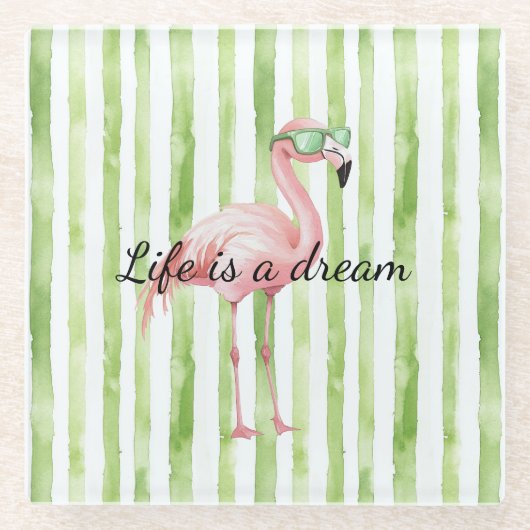 Groene witte strepen roze flamingo glazen onderzetter (Voorkant)