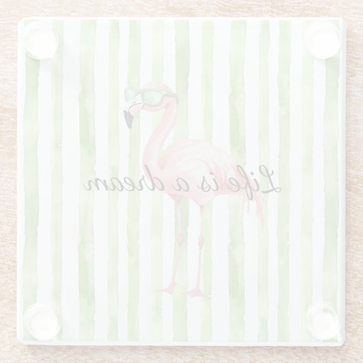 Groene witte strepen roze flamingo glazen onderzetter (Achterkant)