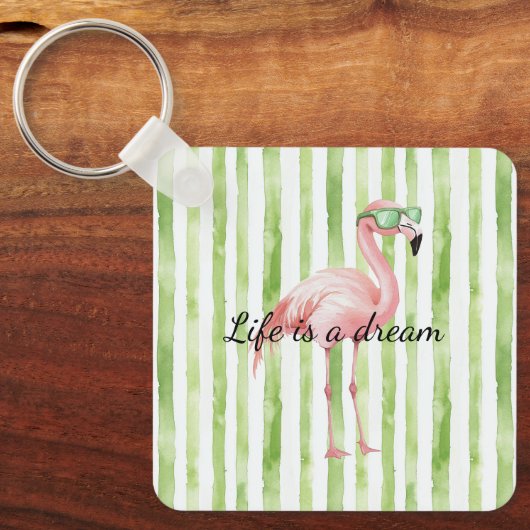 Groene witte strepen roze flamingo sleutelhanger (Voorkant)