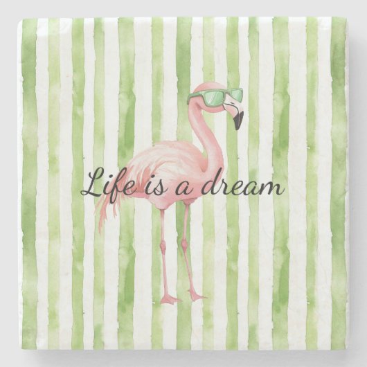 Groene witte strepen roze flamingo stenen onderzetter (Voorkant)