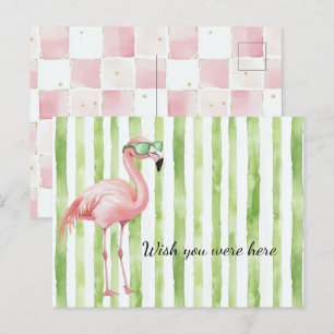 Groene Witte Strepen Roze Flamingo Strand   Briefkaart