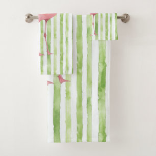Groene Witte Strepen Roze Flamingo Strand Verjaard Bad Handdoek
