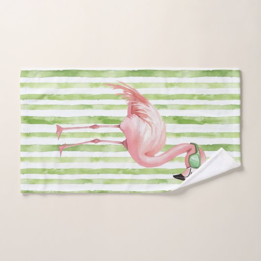 Groene Witte Strepen Roze Flamingo Strand Verjaard Bad Handdoek (Handdoek)