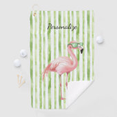 Groene Witte Strepen Roze Flamingo Strand Verjaard Golfhanddoek (Insitu)