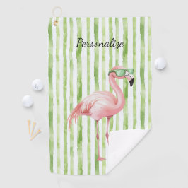 Groene Witte Strepen Roze Flamingo Strand Verjaard Golfhanddoek