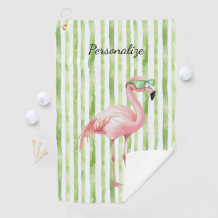 Groene Witte Strepen Roze Flamingo Strand Verjaard Golfhanddoek