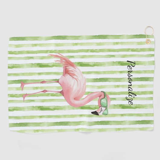 Groene Witte Strepen Roze Flamingo Strand Verjaard Golfhanddoek (Horizontaal)