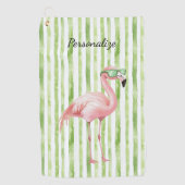 Groene Witte Strepen Roze Flamingo Strand Verjaard Golfhanddoek (Voorkant)