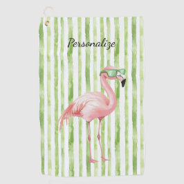 Groene Witte Strepen Roze Flamingo Strand Verjaard Golfhanddoek